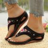 Retro Printed Sandals Thick Soled Wedge Heeled Women'S Outdoor Thong Sandal Fashionable And Casual Open Heeled Hollow Shoes