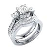 Women Zircon Full Pave Inlaid Bridal Ring Set Three Stone Engagement Wedding Band Jewelry