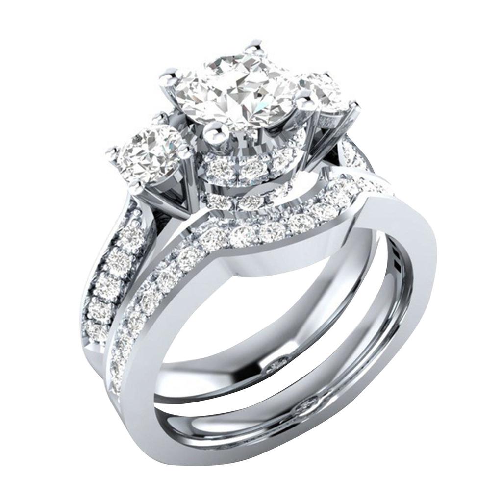 Women Zircon Full Pave Inlaid Bridal Ring Set Three Stone Engagement Wedding Band Jewelry