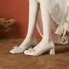 Bow word with rhinestone ballet shoes Mary Jane women's shoes small fragrant style thick heel high heels women's high sense