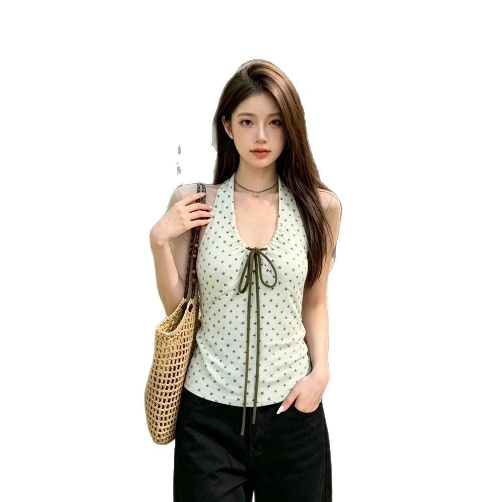 Korean star full print neck sling vest women's summer new design sense Spice girl wear inner lace-up top