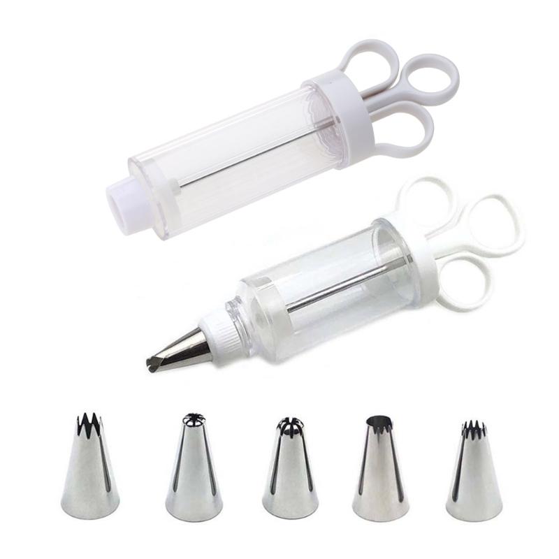 Dessert Cream Piping Syringe Nozzles Kits Dessert Decorating Syringe Cupcake Frosting Filling Injector with 5 Nozzles