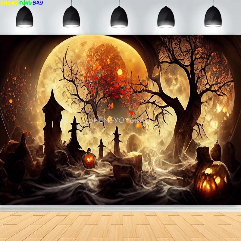 Ghosts Jack-o'-Lantern Halloween Day Photography Backdrops Castle Demon Horror Pumpkins Moon Hallows-Eve Background KB-10