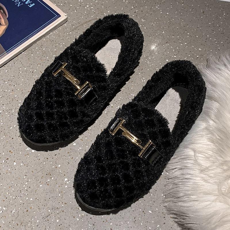 Autumn and winter fluffy shoes women's winter round head cute Doudou shoes warm plush flats pregnant women sweet single shoes women