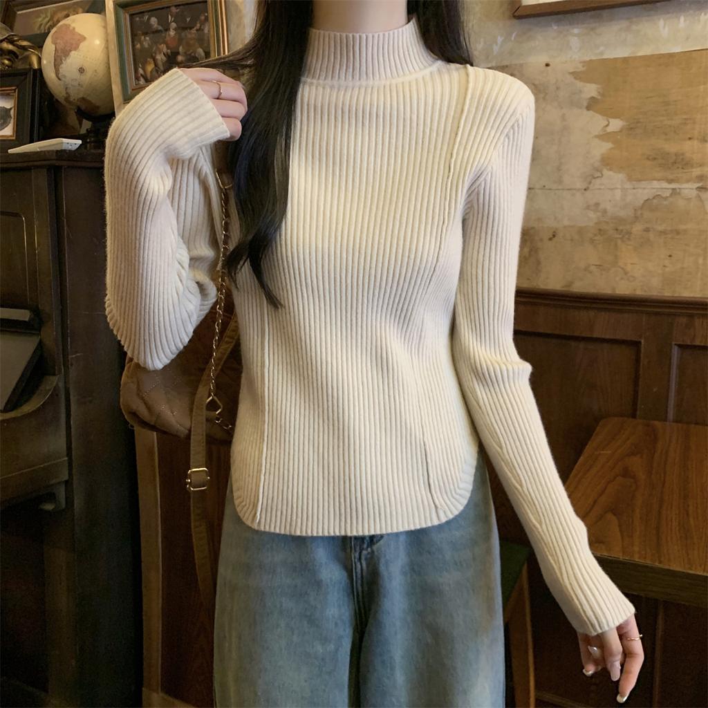 Women's Autumn and Winter Solid Colour Pullover Knitted Slim Half High Neck Sweater
