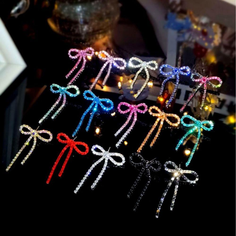 Sparkly Rhinestone Long Dangle Earrings Personalized Bowknot Ear Stud Creative Gift Bow Earrings