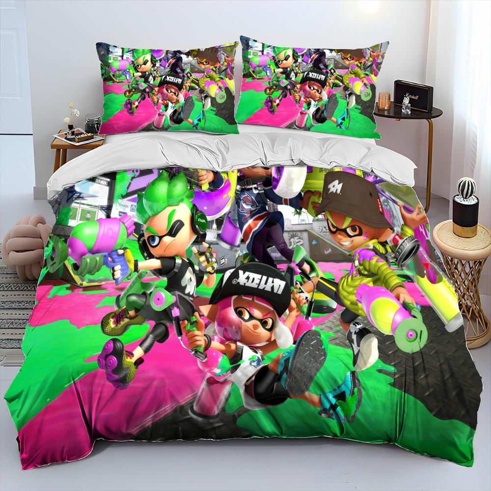 S-Splatoon Game Gamer Cartoon Comforter Bedding Set,Duvet Cover Bed Set Quilt Cover Pillowcase,King Queen Size Bedding Set Kids