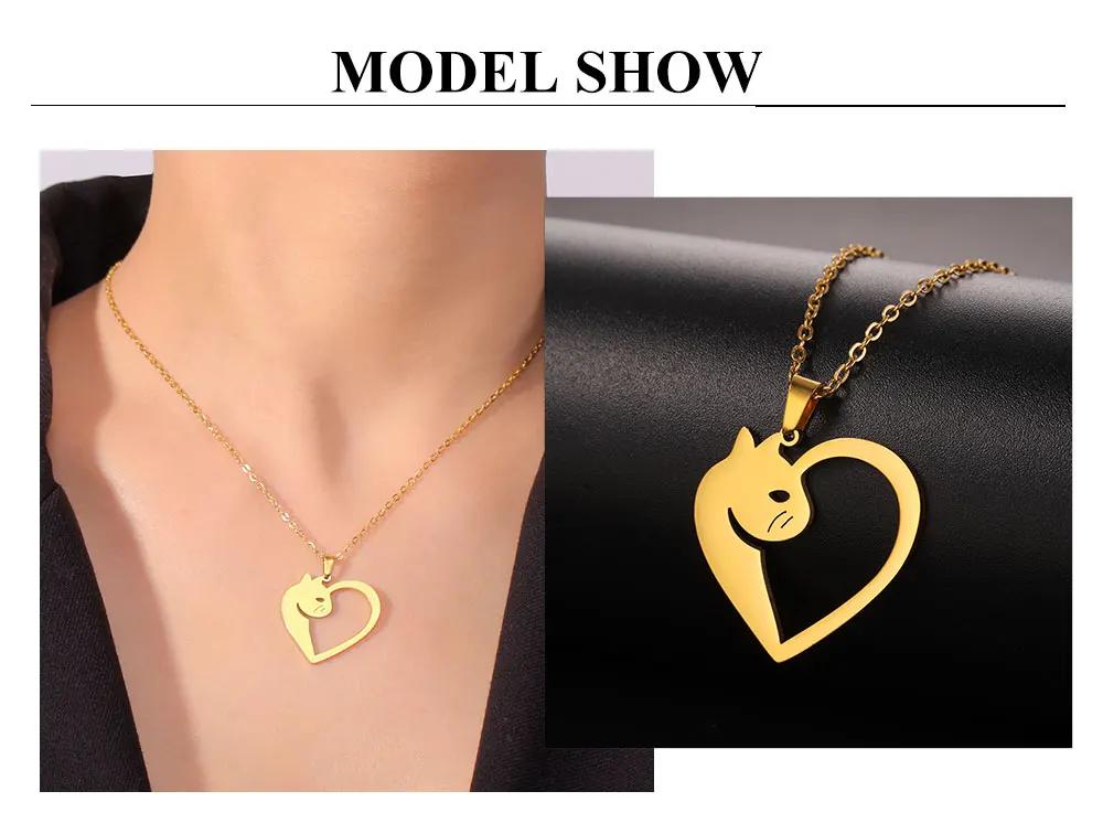 Cazador Animal Cat Kitten Heart Pendant Women's Necklace Stainless Steel Cute Choker Chain Jewelry Birthday Valentine Gift 2026