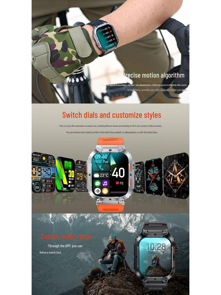 K57PRO Bluetooth Smartwatch: 1.96" Display, Heart Rate, Blood Pressure & Oxygen Monitoring, Music, Weather, and Call Capabilities.