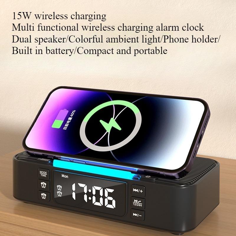 Wireless Charging Bluetooth Speaker Clock FM Radio Night Light Electric Dual Speaker Loud Alarm Clock USB and Type-C port Charing for phone