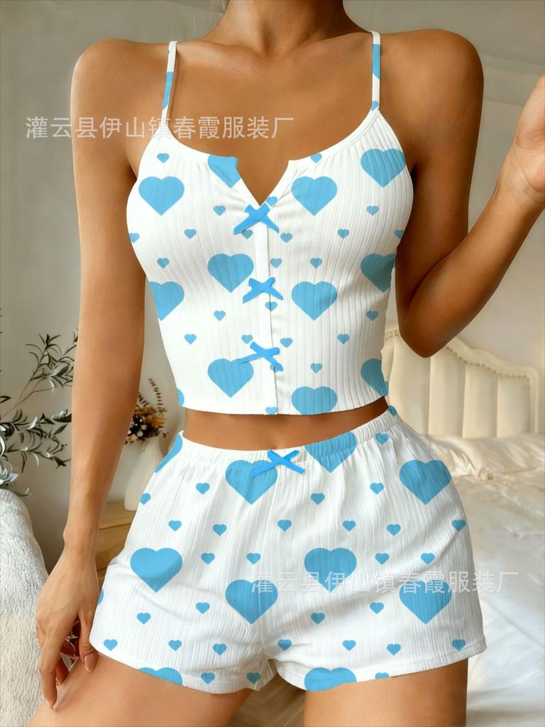 New love print suspender skirt pit striped sweet pure pajamas sexy bow loungewear Europe and America