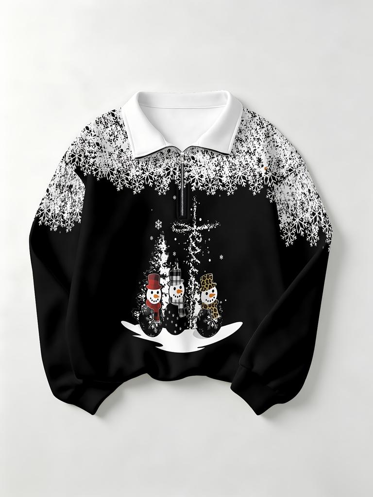 Women's casual sports black and white Christmas snowman full print fashion half-zip sweatshirt