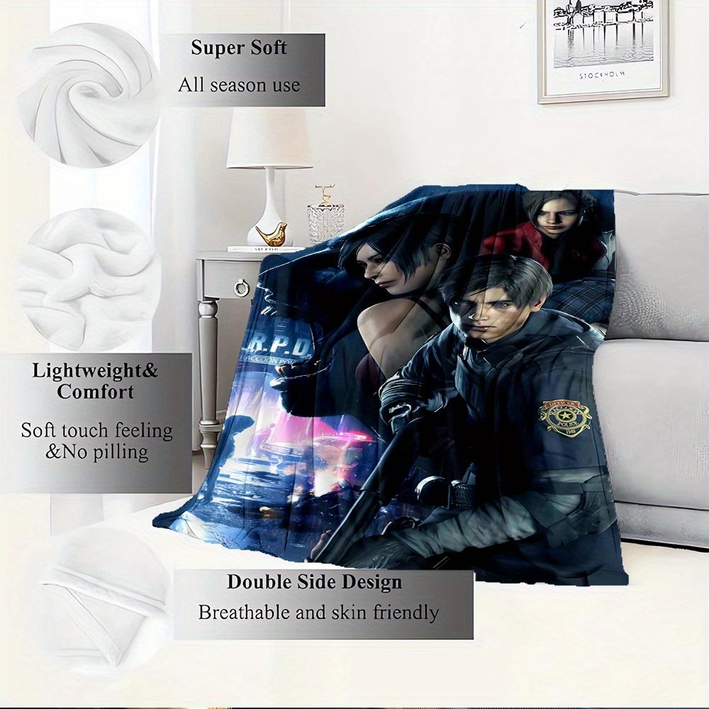 For Resident Evil,Leon Kennedy,Claire Redfield-Themed Flannel Blanket, Glam Style, Digital Print, All-Season Comfort, Tear-Resistant, Knitte