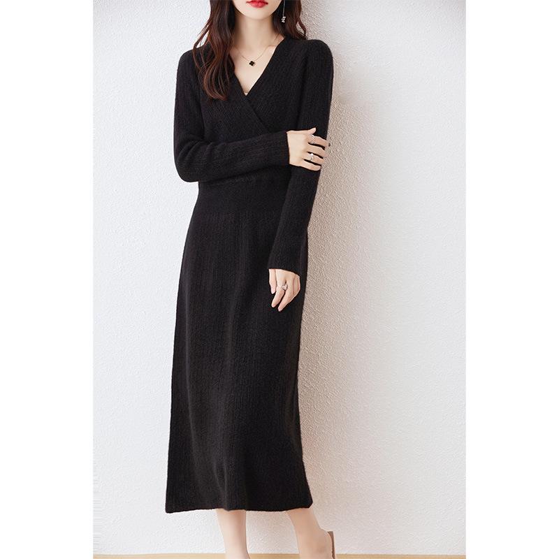 Women's 100% Pure Wool Mid-Length V-Neck Sweater Dress - Long Sleeve, Below Knee, Autumn/Winter Style