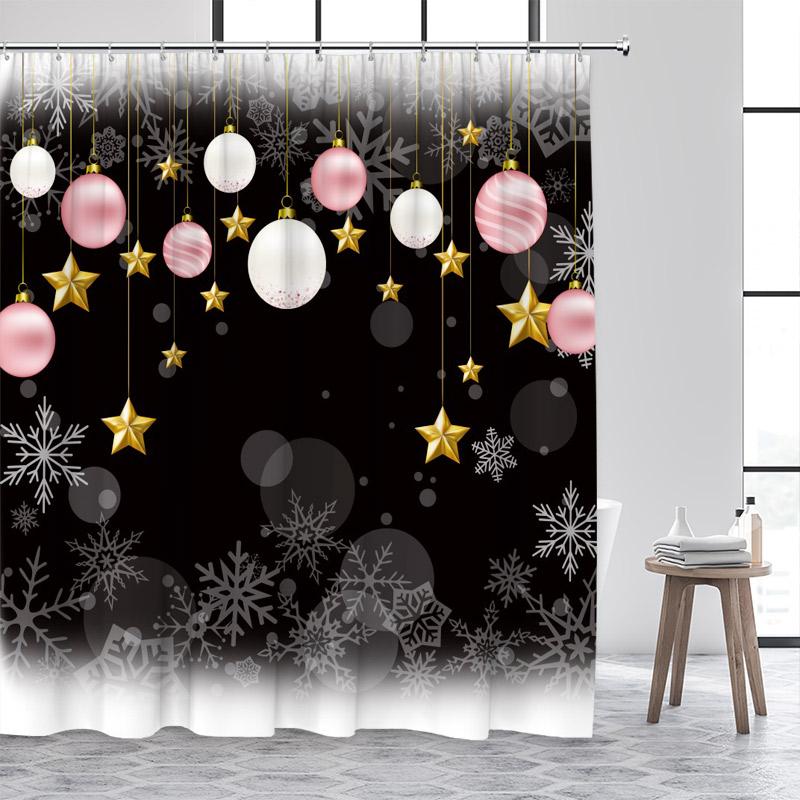 Pink Christmas Shower Curtain Xmas Balls Gold Stars Snowflakes New Year Home Bathroom Decor Bath Curtains Washable with Hooks