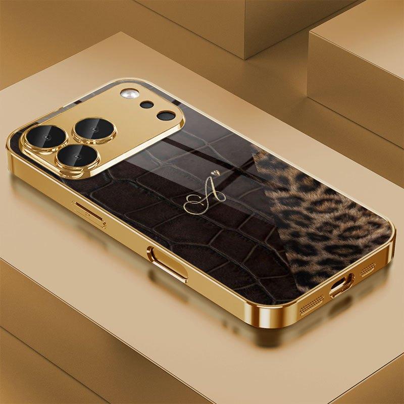 Luxury Crocodile Leopard Splicing Golden Letter A Phone Case for iPhone 17 16 15 14 13 12 11 Pro Max XS XR 7 8 Plus 16E