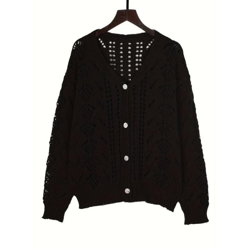 Women's Vintage Knitted Sweater Hollow Out Breathable Button Cardigan V-Neck Outer Solid Colour Top