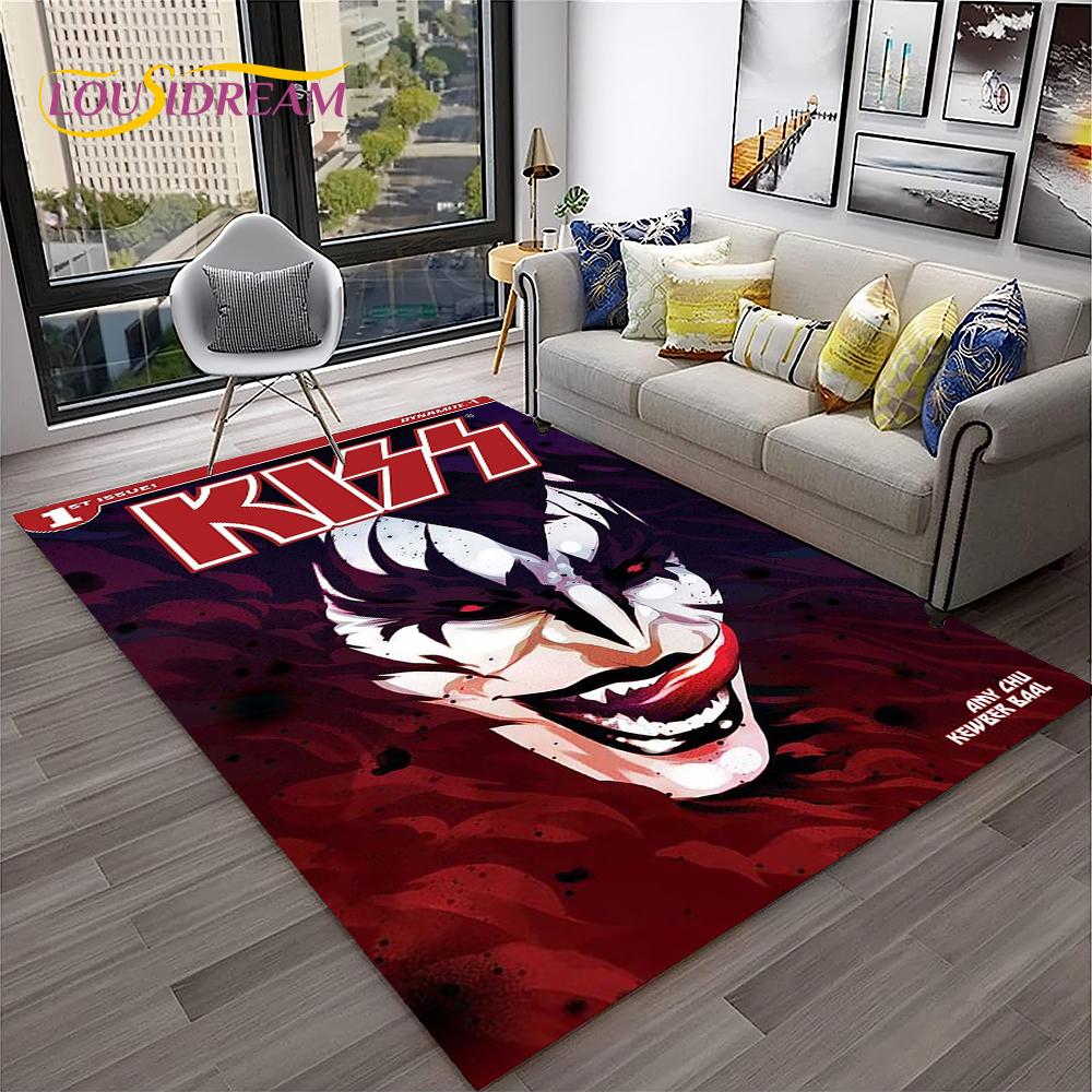 Retro Koberec KISS Rocková Kapela pro Domácí Obývací Pokoj Ložnici Hernu Pohovku Kuchyňskou Rohožku Dekor, Dětský Koberec Protiskluzová Podložka na Podlahu