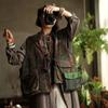 Johnature Vintage Women Coats V-Neck Sleeveless Print Floral Button Patchwork Pockets Autumn Coats