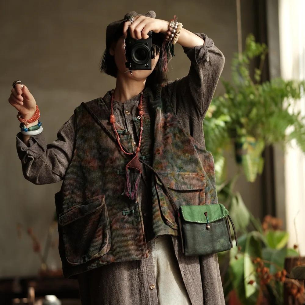 Johnature Vintage Women Coats V-Neck Sleeveless Print Floral Button Patchwork Pockets Autumn Coats
