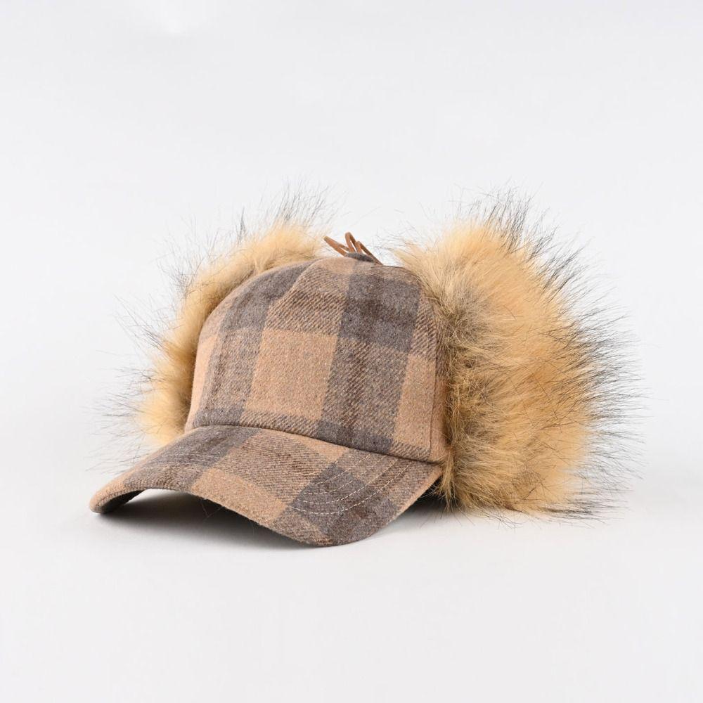 Faux Fur Pilot Hat Plaid Pattern Ear Protection Caps Fashion Bomber Cap Winter Outdoor