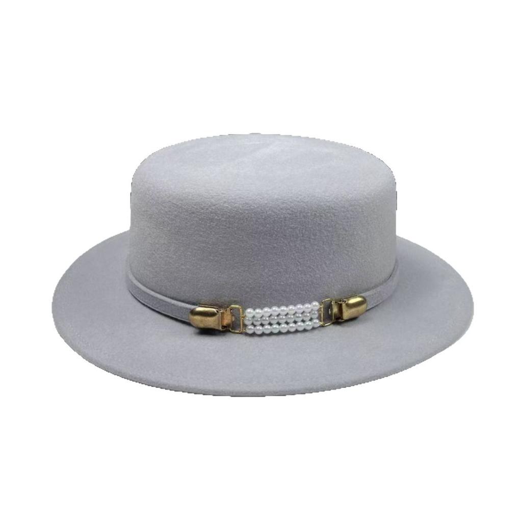 Celebrity Style Australian Wool Material Gray Brimmed Top Hat Women's Autumn and Winter Temperament Elegant Versatile Basin Hat Flat Top Hat