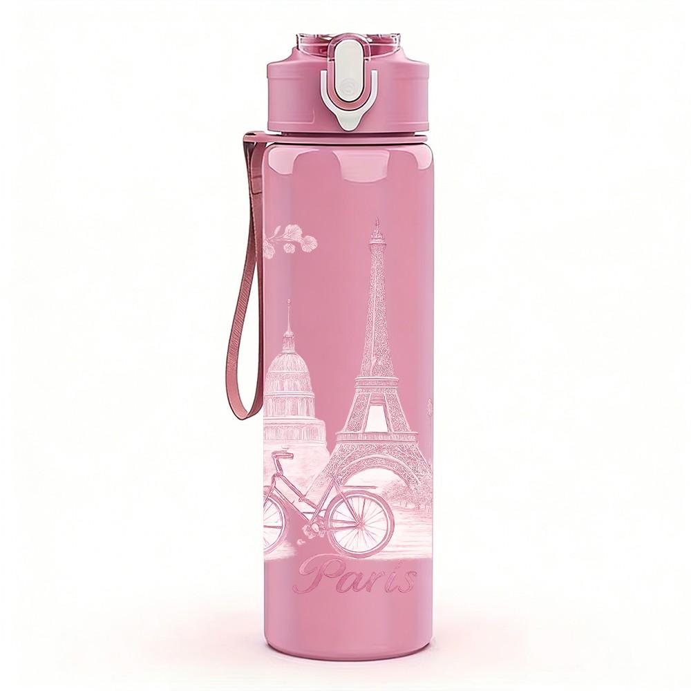 1PC Pink Eiffel Tower Bicycle 750ml Color Plastic Sports Water Bottle Leakproof Flip Straw Lid Suitable for Sports Office Home Use