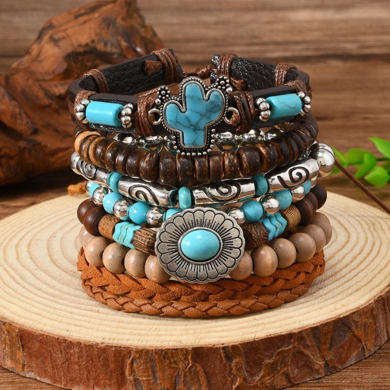 Boho Bracelet Set for Men Leather Braided Wrap Bracelet with Wood Beads Bull Skull & Evil Eye Charm Ethnic Viking Style Jewelry