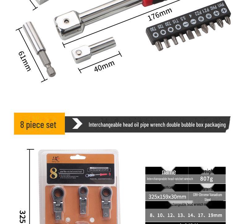 8-teiliges tragbares drehbares Ratschenschlüssel-Set mit 180°-Kopf