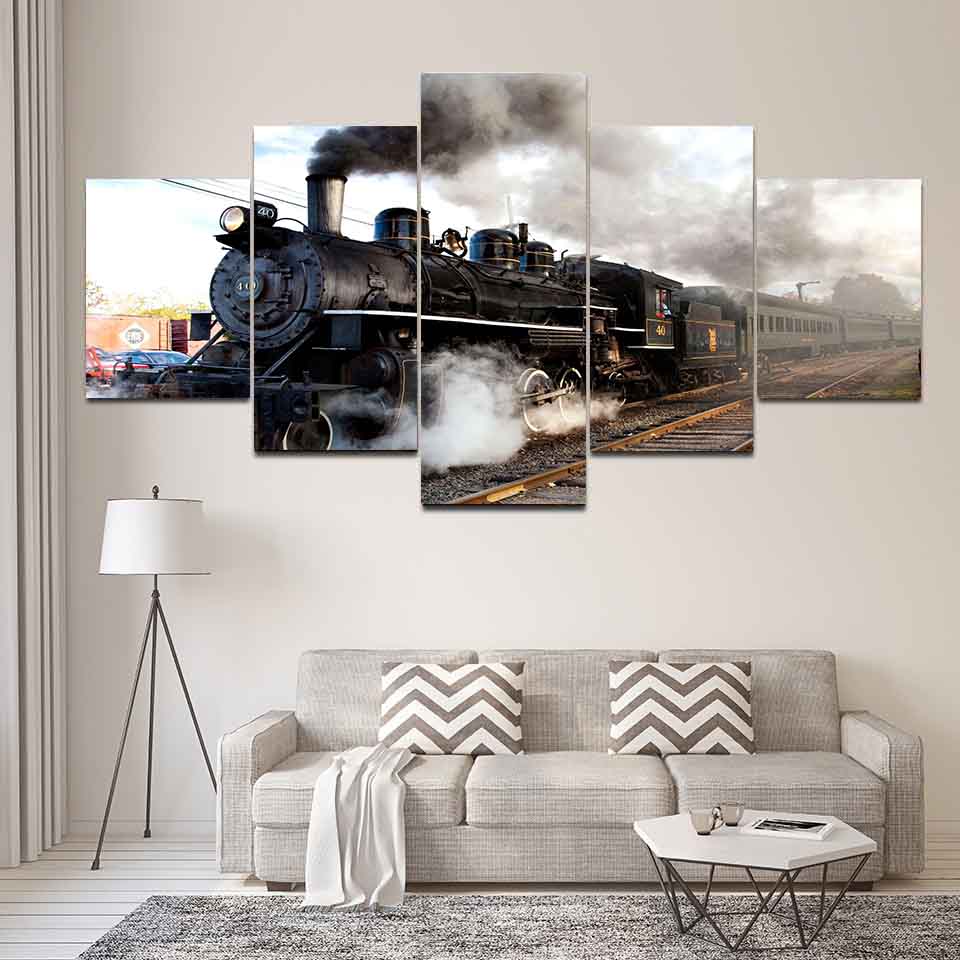 5 Panels Landscape Classical Train Steam Locomotive Canvas Painting Abstract Posters and Prints Living Room Home Decor No Frame