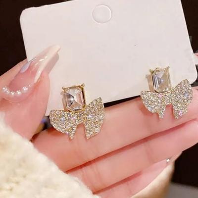 Silver Needle Korean Fashion Personality Earrings Full Diamond Bow Crystal Earrings Temperament Design Earrings