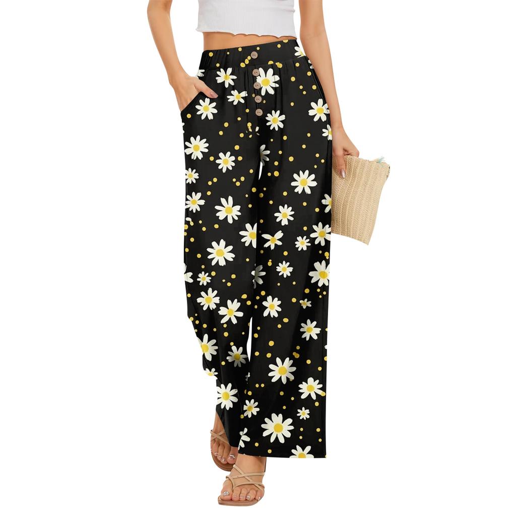 High Waist Wide Leg Pants for Women with Button and Pocket Design Loose Fit Floral Print Trousers for Daily Wear