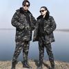 Men's and Women's Army Green Camouflage Winter Coat, Cotton-Padded, Mid-Length, Plus Velvet, Thickened for Cold Protection.