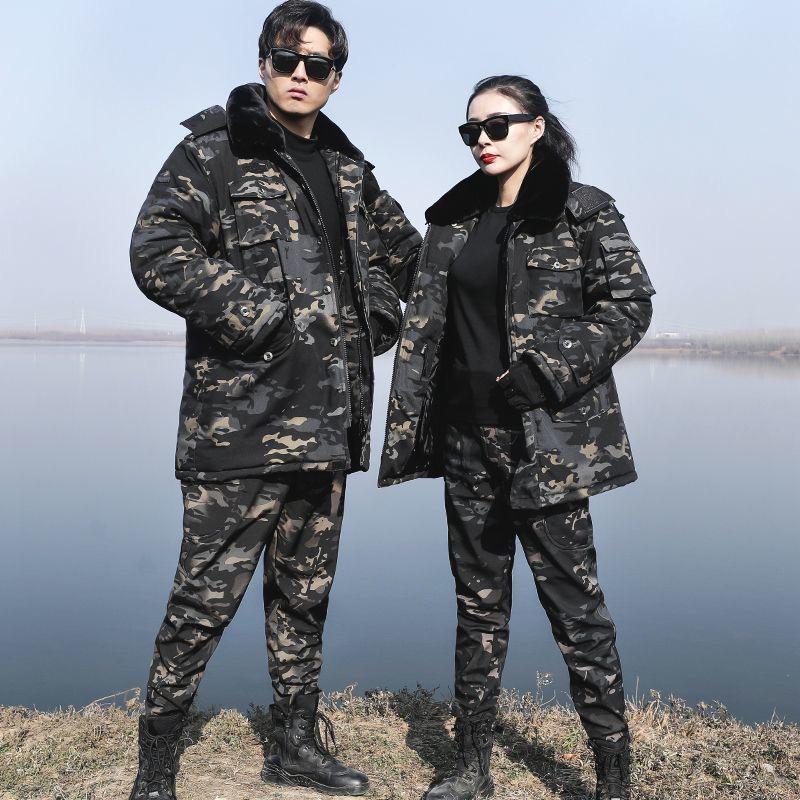 Men's and Women's Army Green Camouflage Winter Coat, Cotton-Padded, Mid-Length, Plus Velvet, Thickened for Cold Protection.