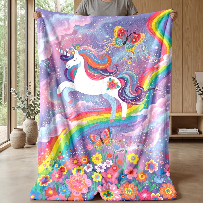 Unicorn Rainbow Fantasy Theme Blanket Lightweight Warm Flannel Blanket Decorative Throw Blanket for Home Decoration