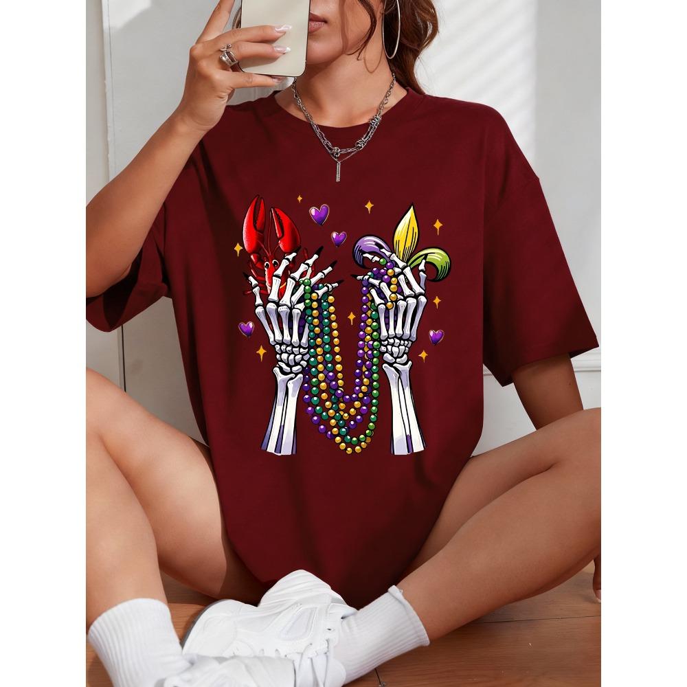Happy Carnivals Creative Skull Hand Print Women T Shirts Summer O-Neck T-Shirt Soft Cotton Sportswear Oversized Clothes