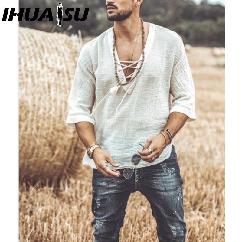 IHUASU Bavlněné tričko s krátkým rukávem Pánská móda Košile s volným polovičním rukávem Košile s potiskem
