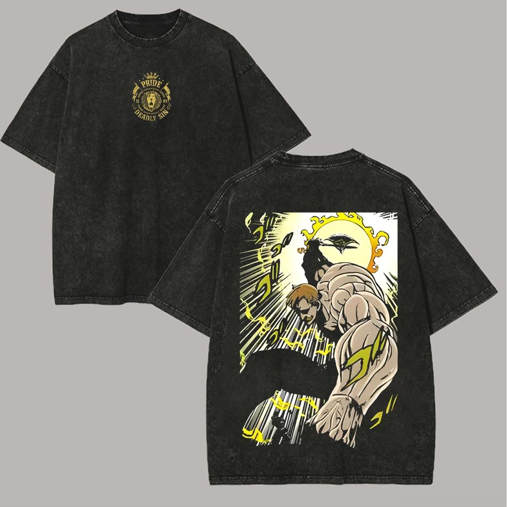 Anime-Liebhaber Sieben Todsünden Escanor Bedrucktes Unisex Gewaschenes Oversized T-Shirt Unisex Baumwolle Streetwear Kurzarm Unisex Kleidung