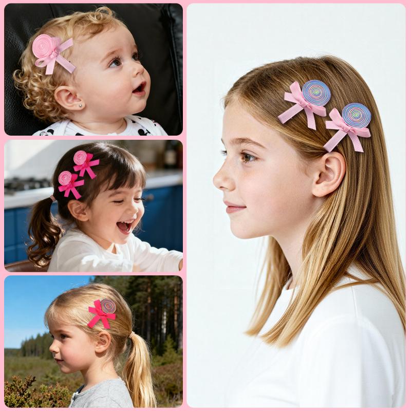 2Pcs Lollipop Bow Hair Clips Sweet Cute Spiral Candy Hairpins Ribbon Barrette For Girls Headdress Hair Accessories