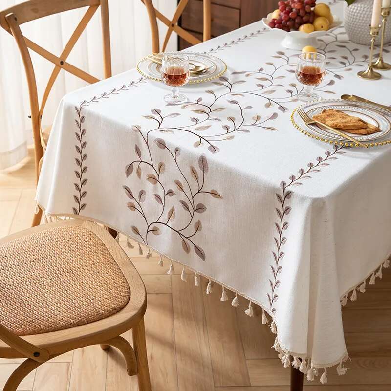 Nordic Cotton Linen Fabric Tablecloth Embroidered Dining Table Cloth Waterproof and Oil Proof Tea Table Cloth Rectangular Tassel
