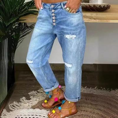 Women Trousers Pockets Buttons Female Pants Black Jeans Pants