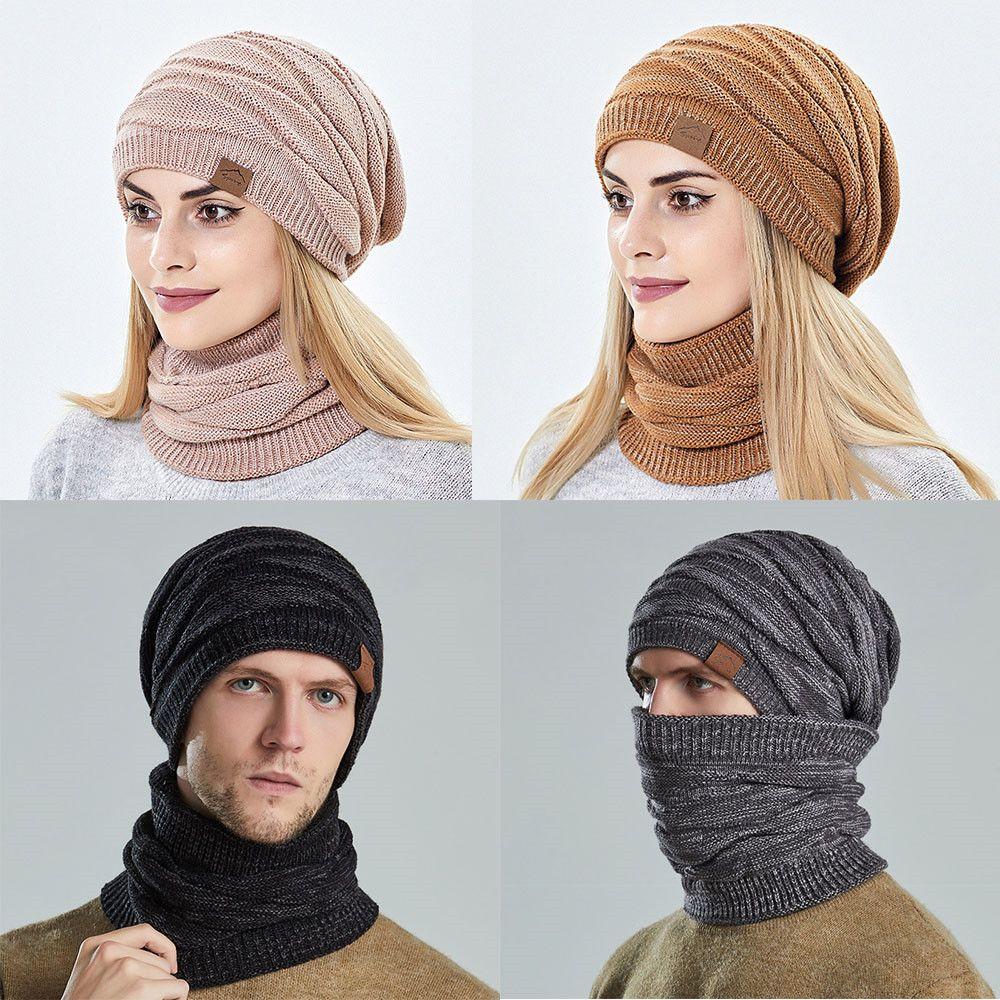Outdoor Damen Herren Gestrickte Winter Kopfbedeckungen Mützen Kappen Beanie Hüte Schal Set