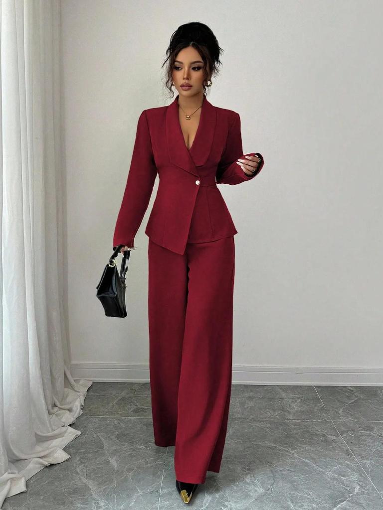 Women's European & American Spring/Autumn Fashion V-Neck Long Suit with Wide-Leg Pants Set