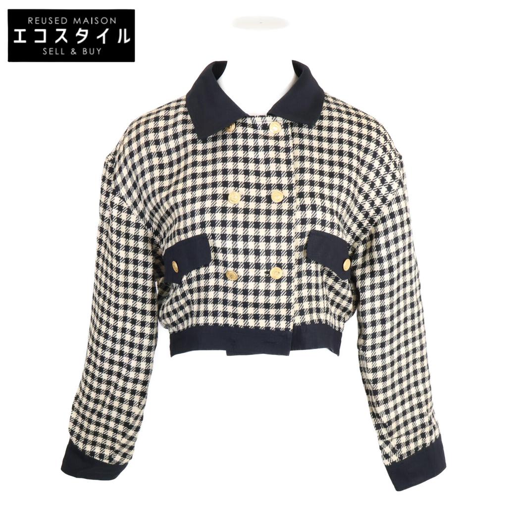 Chanel Houndstooth Vintage Short Double Jacket 9 Black WhiteUsed