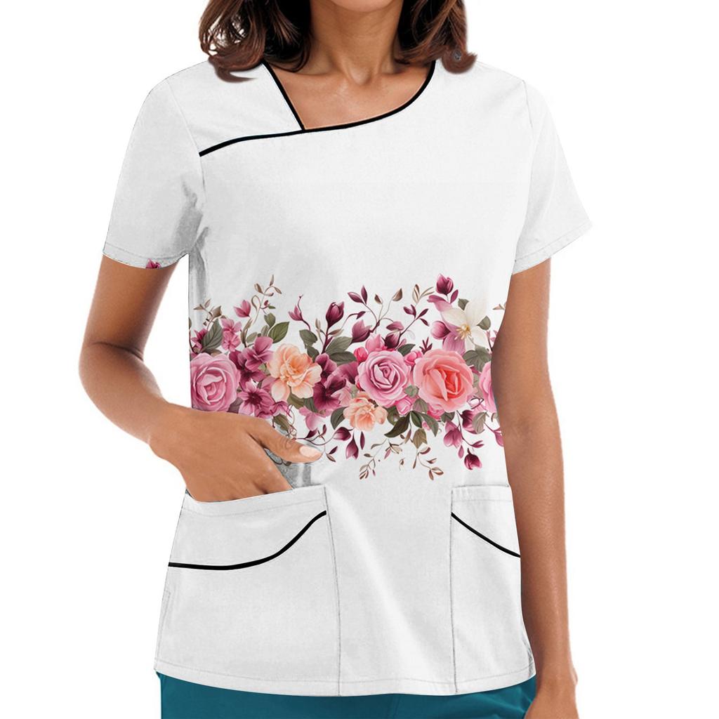 Damen Bedruckte Arbeitskleidung, Schräger Kragen und Doppellagige Taschen, Basic Oberteil Pullover