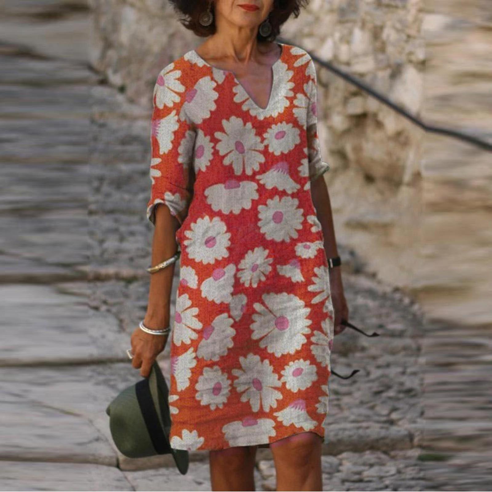 

Women s Summer Retro Printing V-Neck Short Sleeve Comfy Casual Dress L розовый