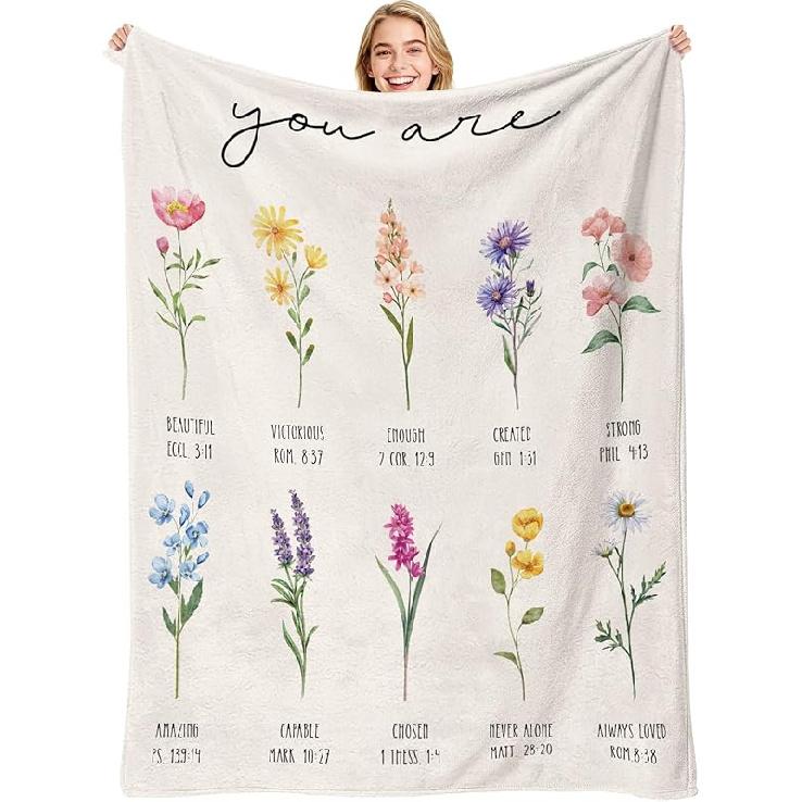 Christian Gifts for Women, Religious Blue Floral Throw Blanket, Bible Verse Pirational Gifts for Girls Daughter Mom Sister Jesus Prayer Home Bed Sofa