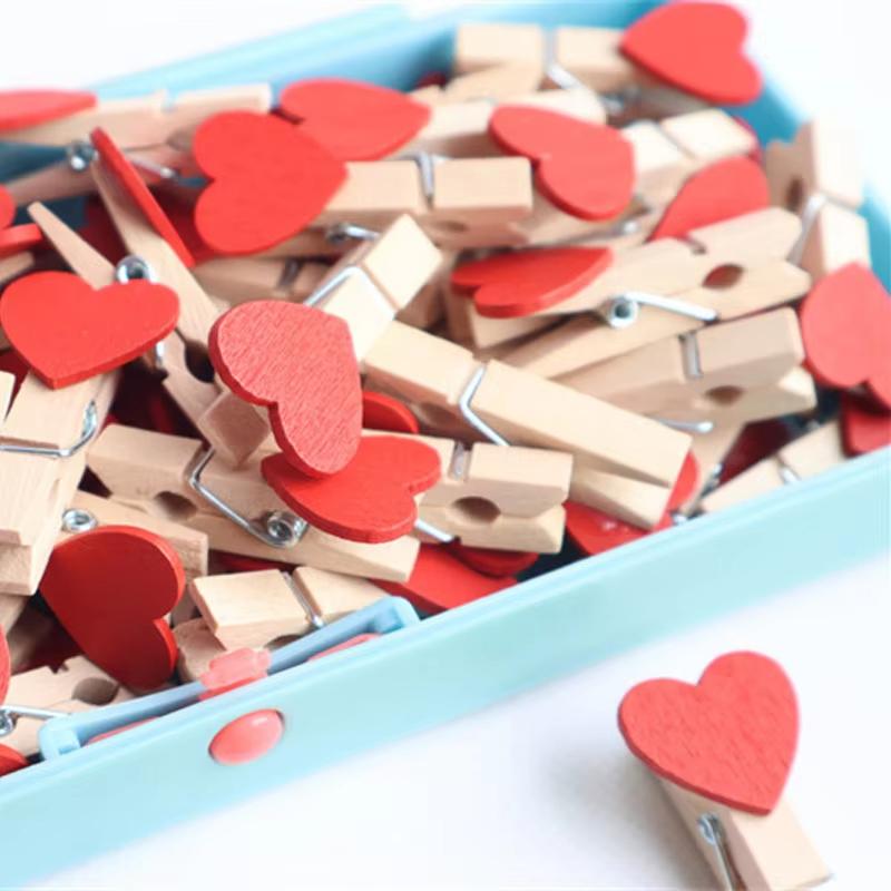50Pcs Wooden Colored Love Heart Photo Clip Memo Paper Diy Photo Clips Wedding Decoration Postcard Clips Clothespin Home Decor