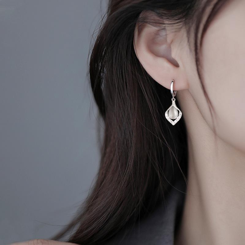 925 Sterling Silver Angel Teardrop Earrings for Women, High-End Niche Light Luxury with Cat's Eye Stone.