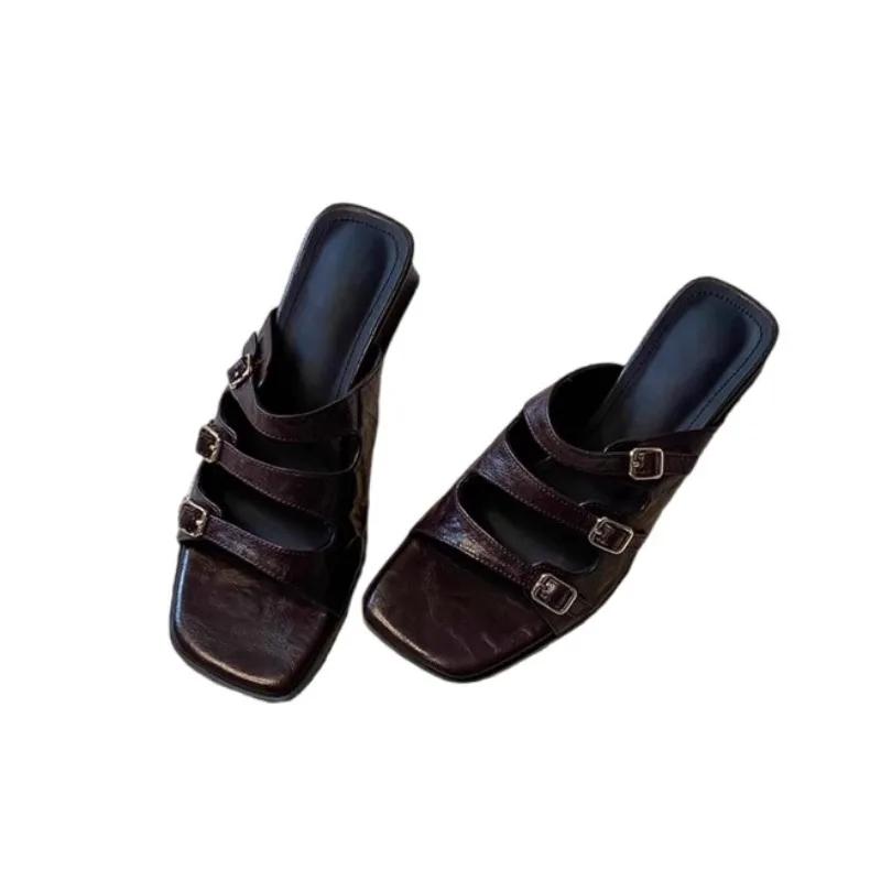 Fashion Women Slippers Fashion Square Toe Heeled Sandals Summer New Mid Heels Woman Shoes 2025 Casual Flip Flops Slides Mujer Zapatos